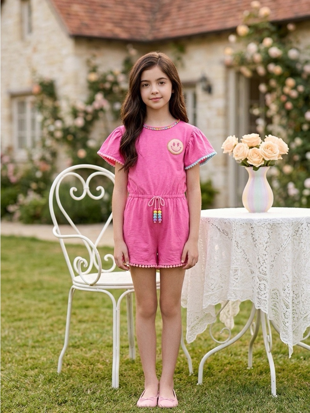 Girls' Pink Gems Emoji Romper with Smiley Patch Size 10 EUC